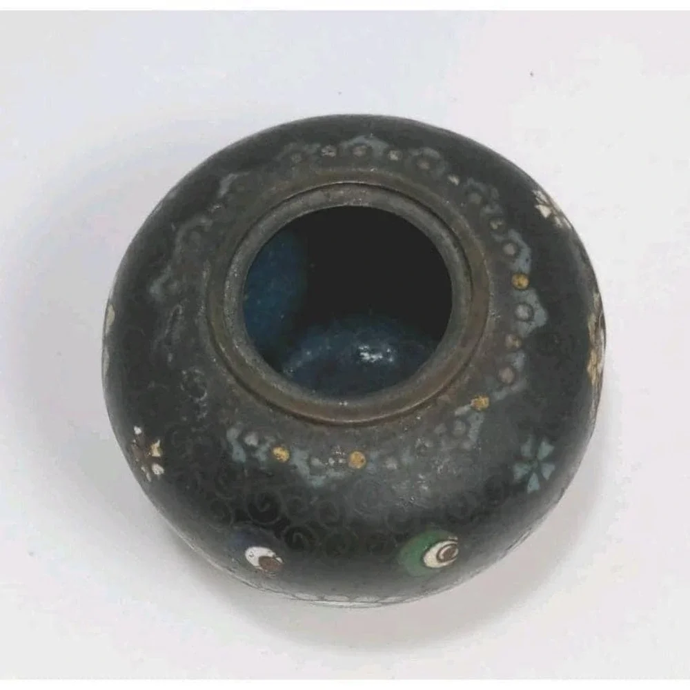 Vintage Cloisonne Mini Vase Black Floral Enamel 2.5